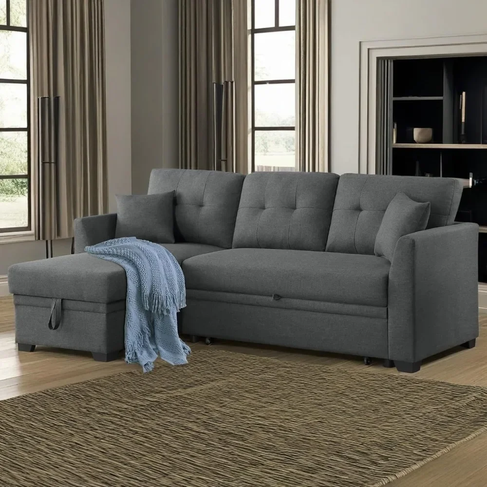 Convertible Sectional Sofa with Storage Chaise Pull Out Sleeper Bed Upholstered Corner Couch Lounge 3-Seater L Shaped Sofa