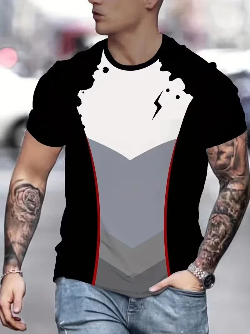 Men Black Orange Splicing Short Sleeve T Shirt Claw Scratch Lightning Graphic Print O-Neck Casual Daily Streetwear Fashion Tee