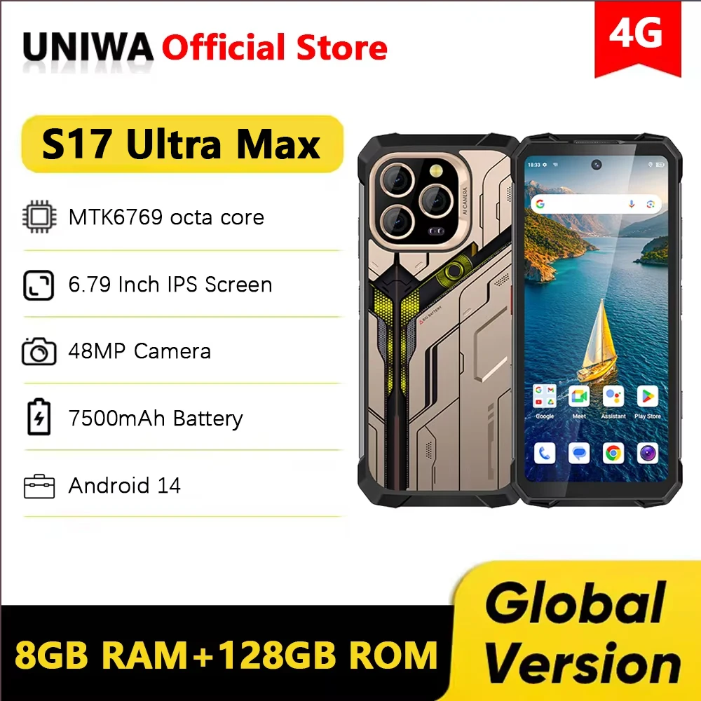 Прочный смартфон UNIWA S17 Ultra 4G, Android 14 6,7 дюйма, 6 ГБ + 128 ГБ, неразрушимый мобильный телефон ATEX, 7500 мАч, 33 Вт, ночное видение, NFC