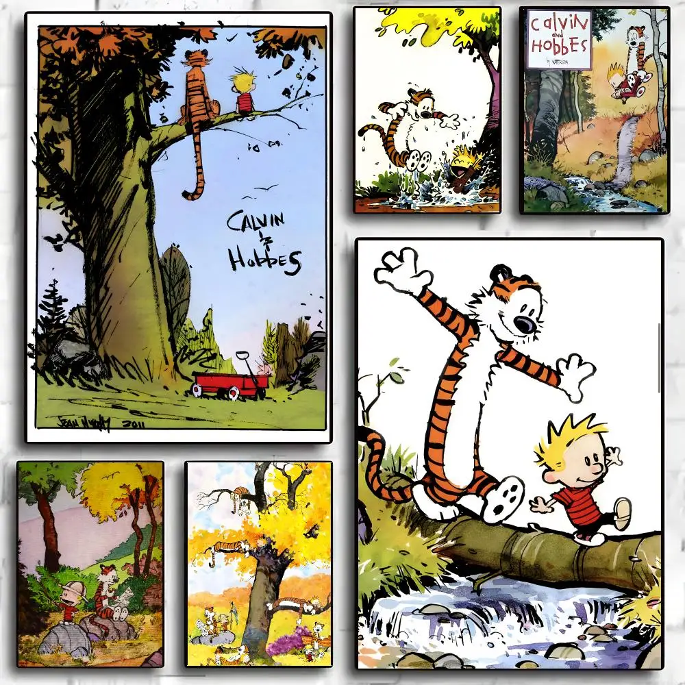 Calvin And Hobbes Cartoon Warm Poster Self-adhesive Advanced Aesthetic Printing Paper Wall Art for Living Room Home Decor