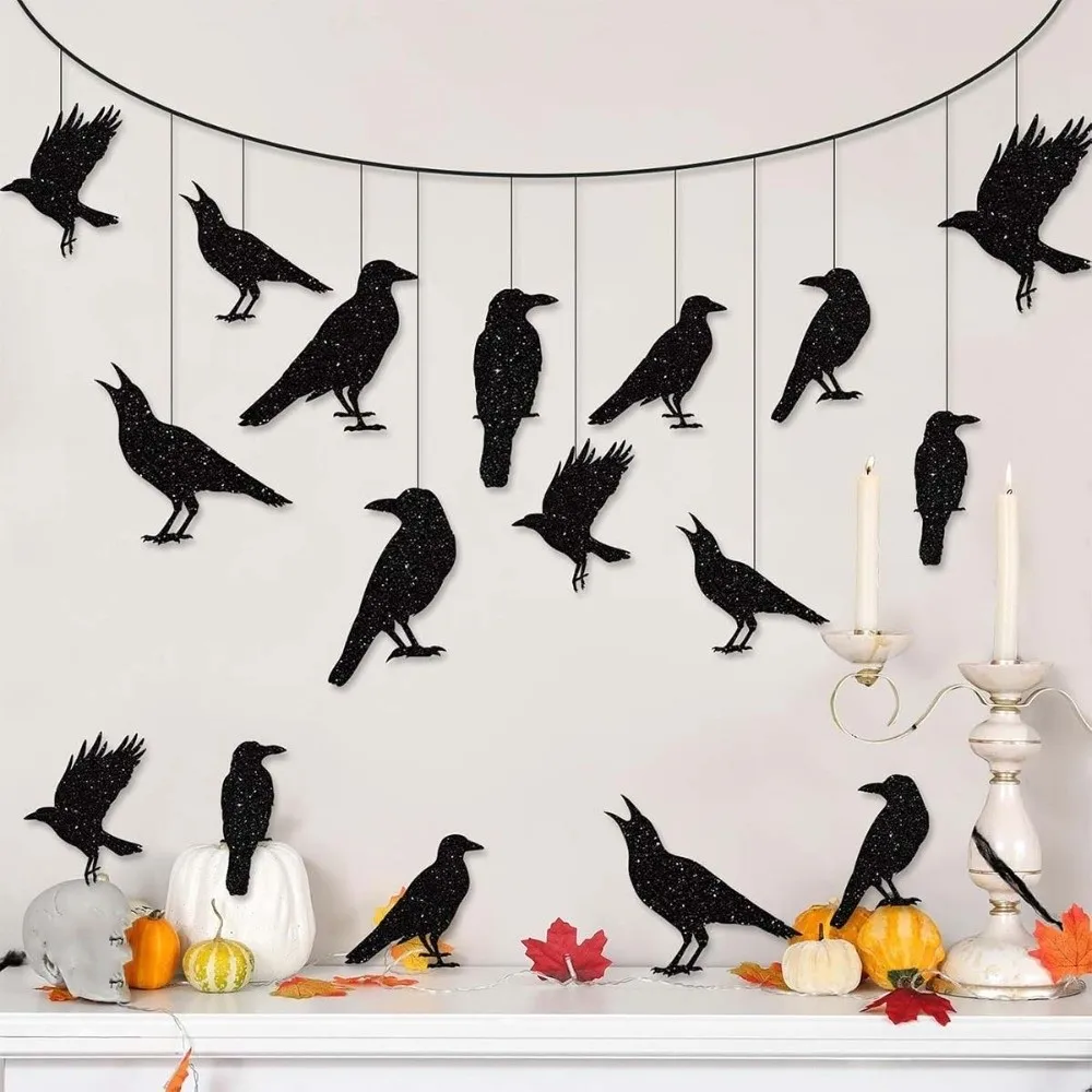 12pcs Dark Glittery Halloween Garland Lightweight Pack of 12 Black Crow Hanging Decor Thick Paper Shiny Finish