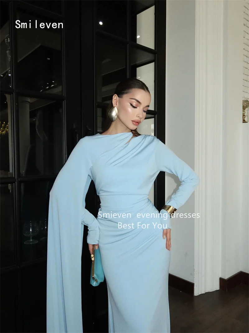 Smileven فستان كلاسيكي بحورية البحر باللون الأزرق السماوي للحفلات الراقصة شال سكوب فساتين سهرة عصرية بأكمام كاملة مناسبة مخصصة 2026