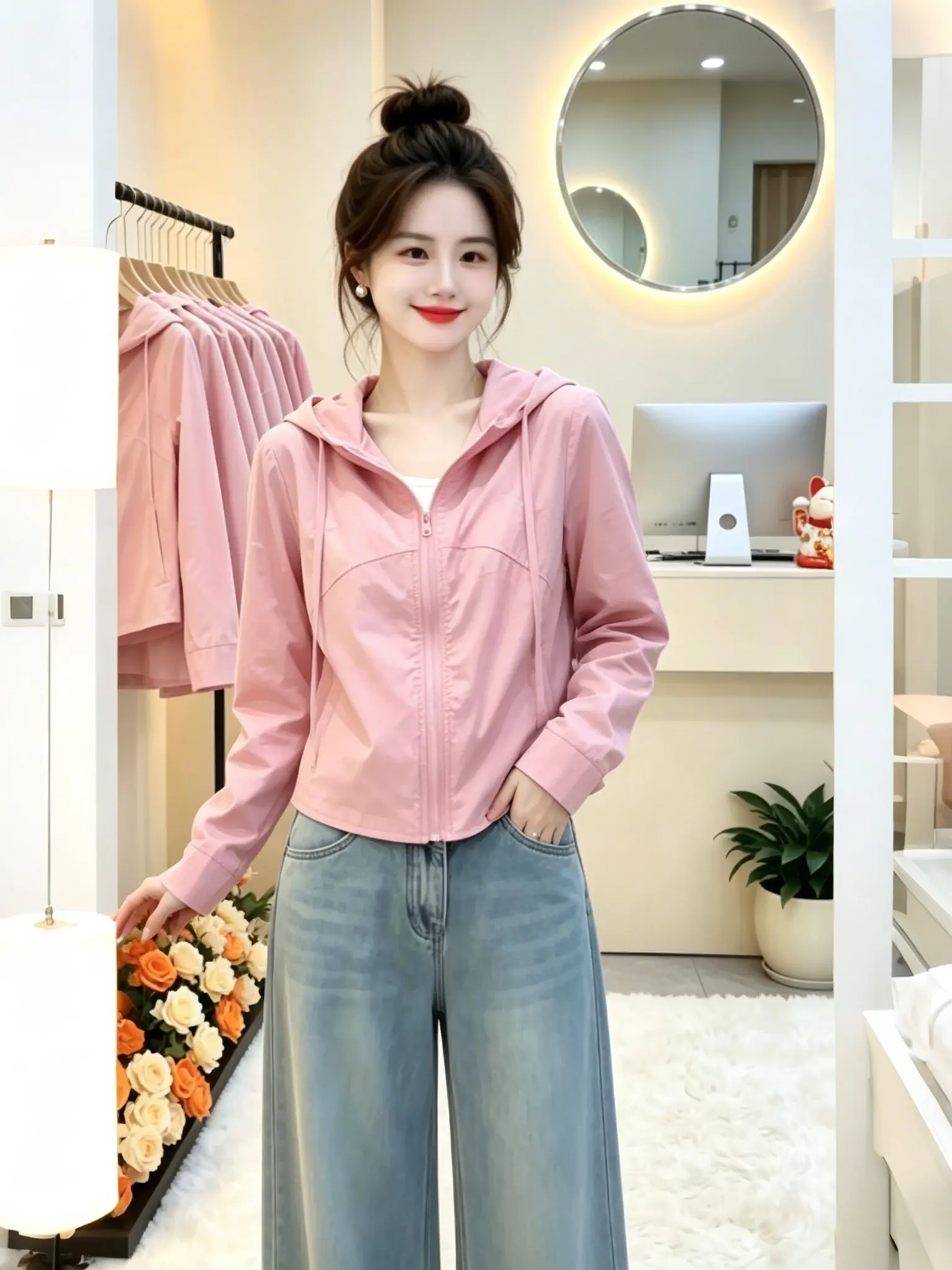 Chic Anti-Uv Hooded Jacket Pure Color Simple Design Ladies Summer Outerwear Breathable Long Sleeve Zipper Closure Commute Style