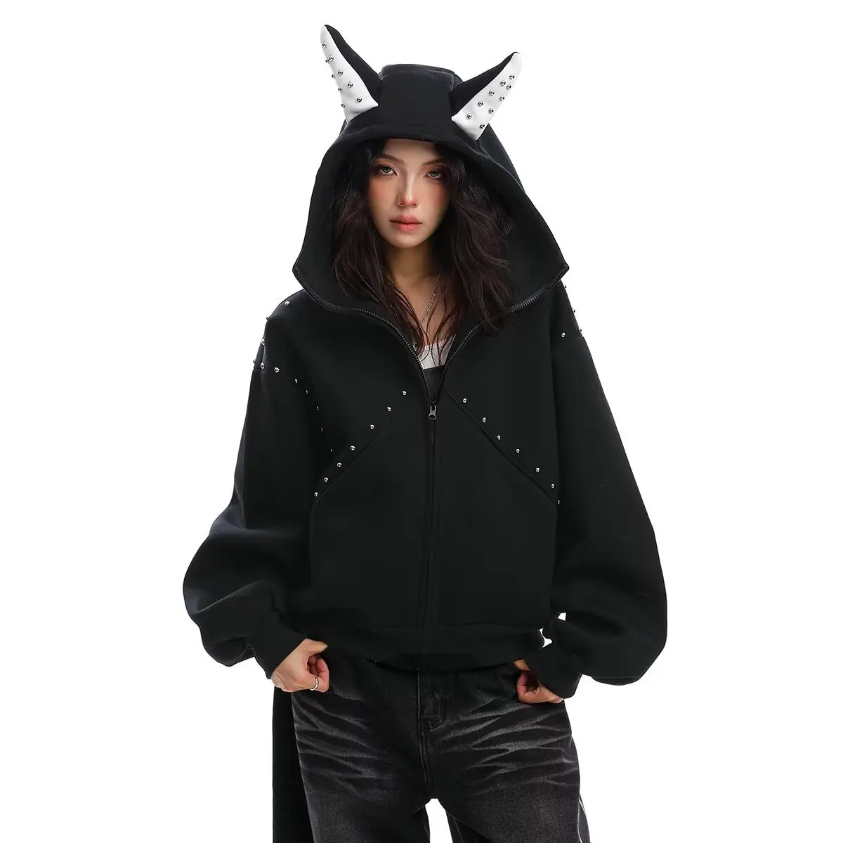

Unisex American Style Studded Hoodie Coat Oversized Pullover Streetwear for Couple Autumn Spring Fashionable Couple Outfit