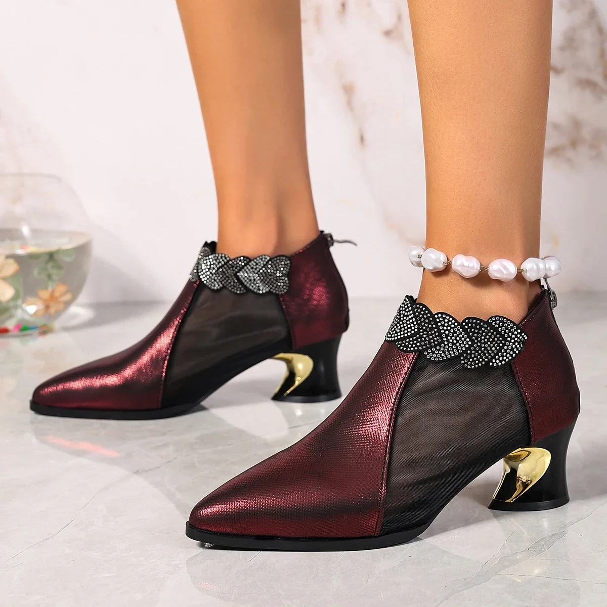 new Women Wine‑Red Metallic Leather Mesh Cutout Ankle Boots Chunky Heel Sparkly Rhinestone Ruffle Edge Zip‑Up Party Dress Shoes