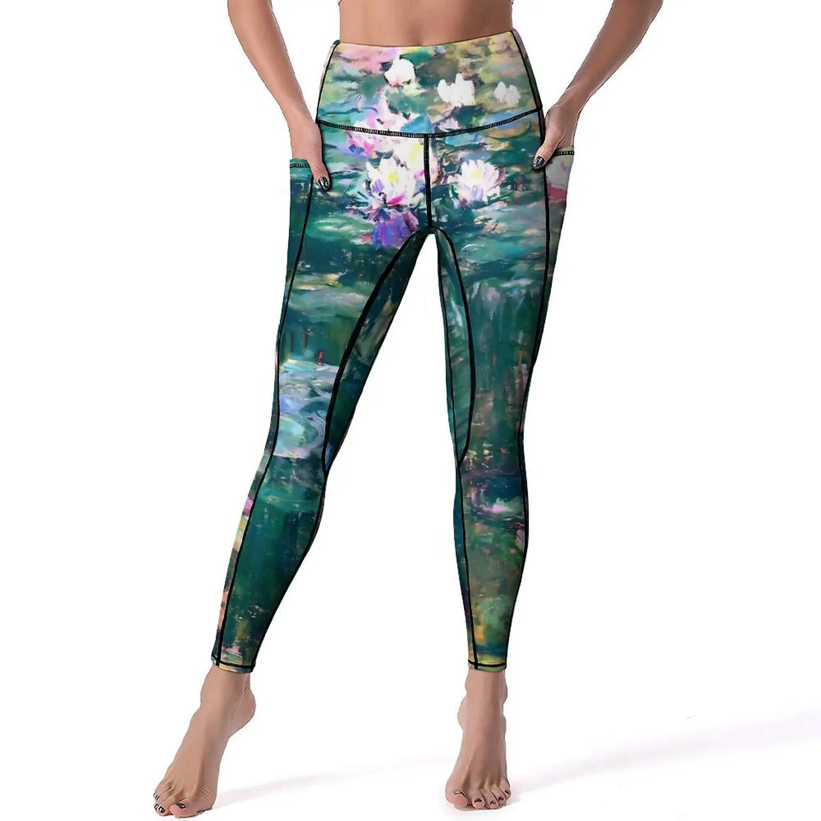 

Painting Print Leggings Sexy Water Lilies Monet Running Yoga Pants Push Up Stretchy Sport Legging Pockets Elegant Design Leggins