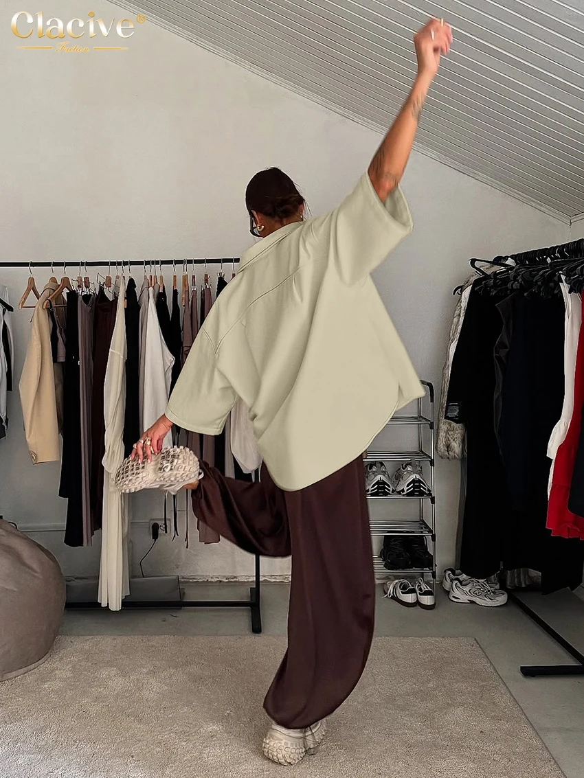 Clacive Casual Loose Beige Cotton 2 Piece Set Women 2025 Fashion Long Sleeve Shirt With High Waist Wide Pants Set Female Cloting