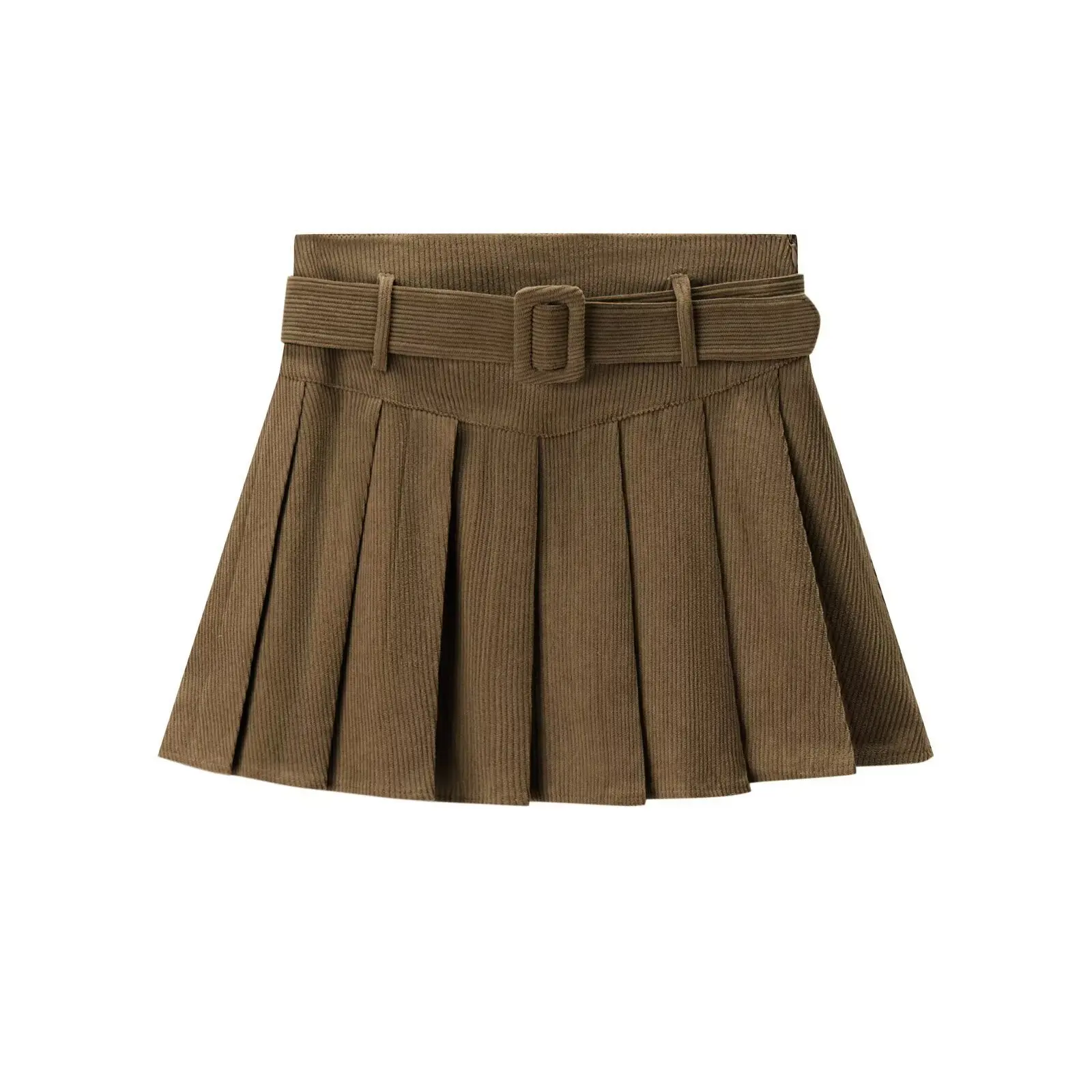 Dames mini-jurk met cinchetaille Herfstwinter Modieuze afslankende plooirok met riem Corduroy Korte petticoat met hoge taille