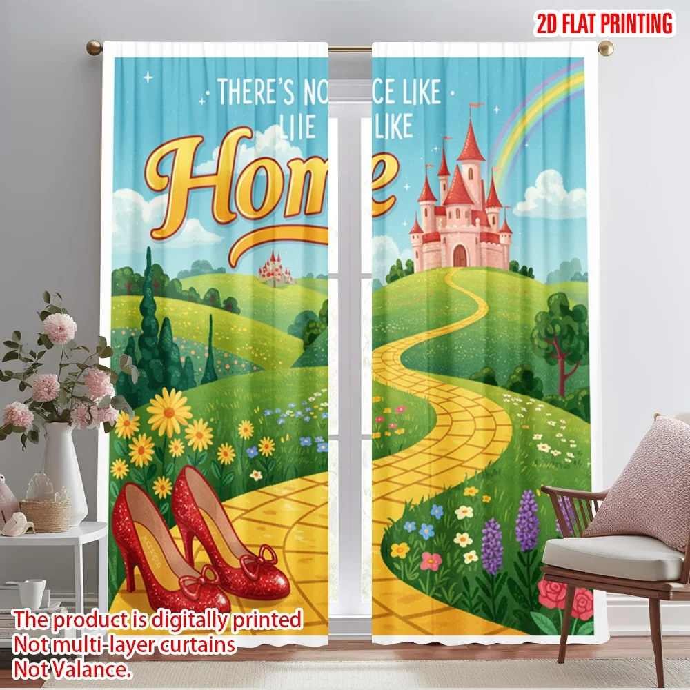 

2pcs 2D flat printing Window Curtains Yellow Brick Road Home Polyester Without Electricity Holiday Decorations Use for New Year