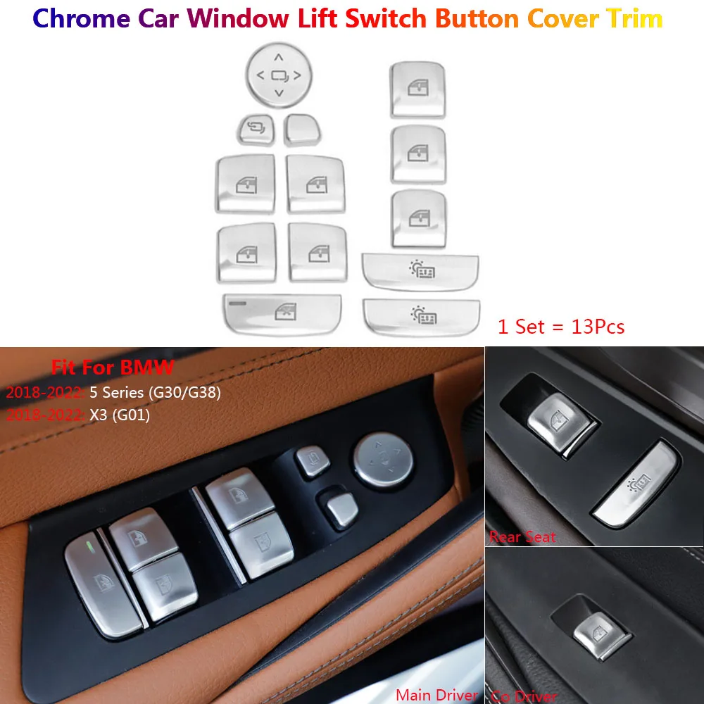 Full Set For BMW 5 G30 G38 Chrome Hand Brake Start Stop Steering Wheel Multi Media Window Lift CD Air Vent Button Cover Trim