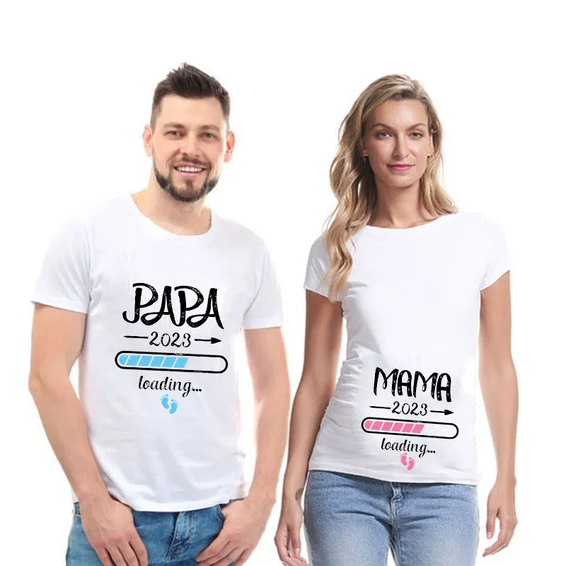 2024 New Couple Maternity T-Shirt Cute Dad+Mom+Baby Printed Black White Pregnancy Announcement Tops Tee Couple Pregnant Tshirt