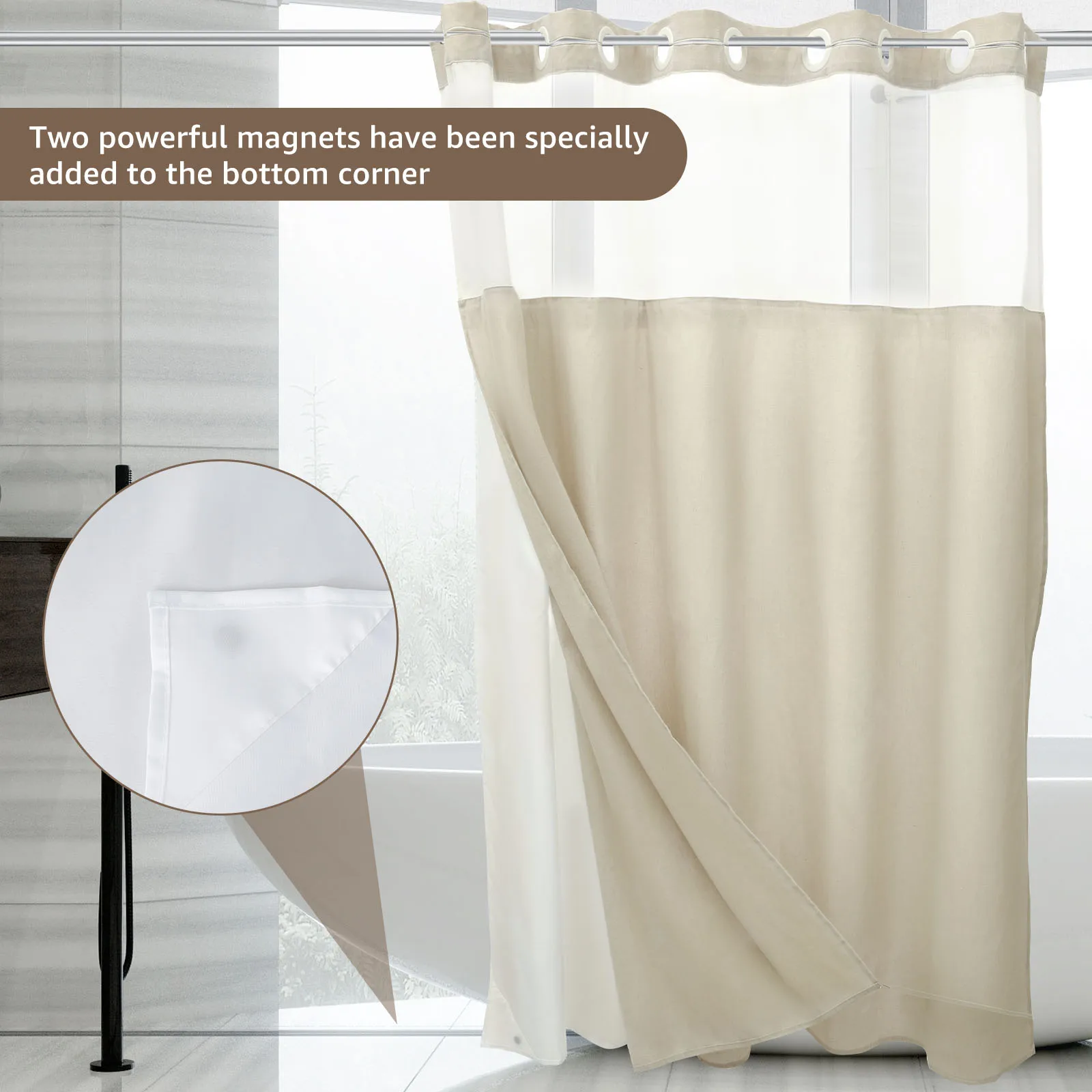Shower Curtain with Snap in Removable Liner Polyester Cotton No Hook Shower Curtain Waterproof Bathtub Shower Curtain for Home