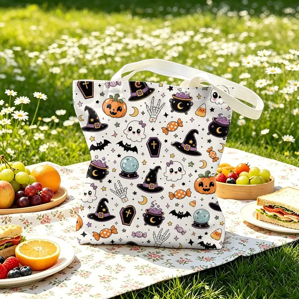 Halloween Doodle Collage Storage Bags Canvas Double-Sided Print Women Large Tote Bag Durable Beach Picnic Foldable Gift Eco
