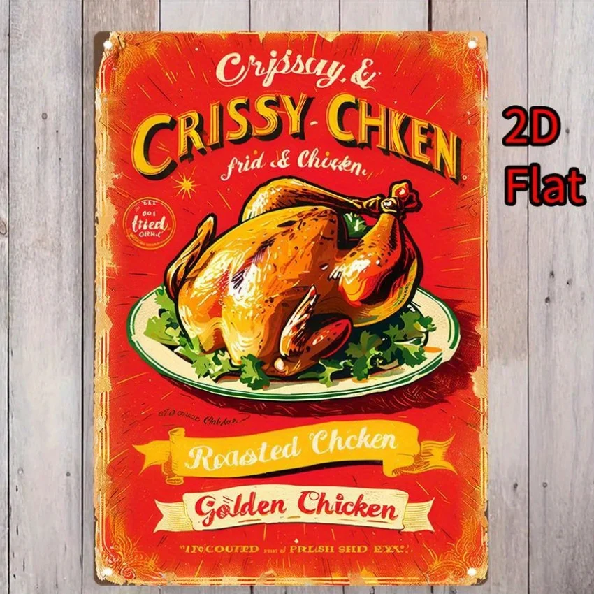 Vintage Roasted Chicken Metal Wall Art - Retro Diner Decor, Red & Green Color Scheme, Heavy-Duty Tinplate Plaque for Kitchen,