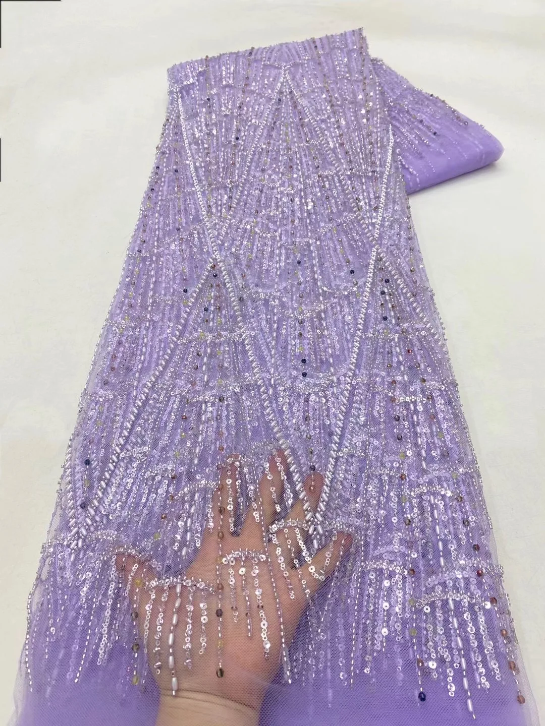 African Nigerian Sequins Embroidery Tulle Lace Fabric, Sewing , Beads Stone Prom Dresses, High Quality, 5Yards, 2024