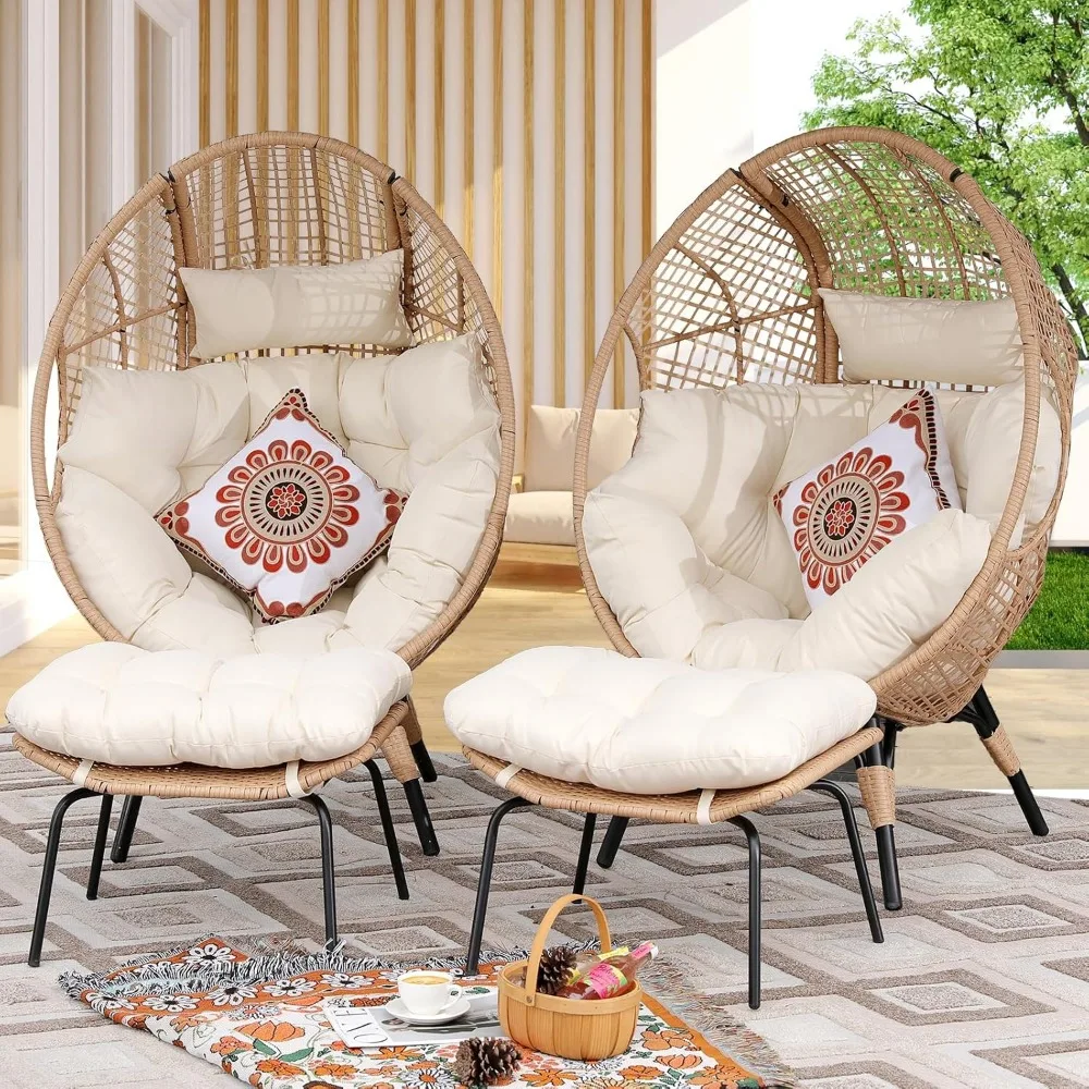 40 - lb Capacity Indoor/Outdoor Wicker Egg Chair with Ottoman, Thick Cushions, for Living Room & Patio