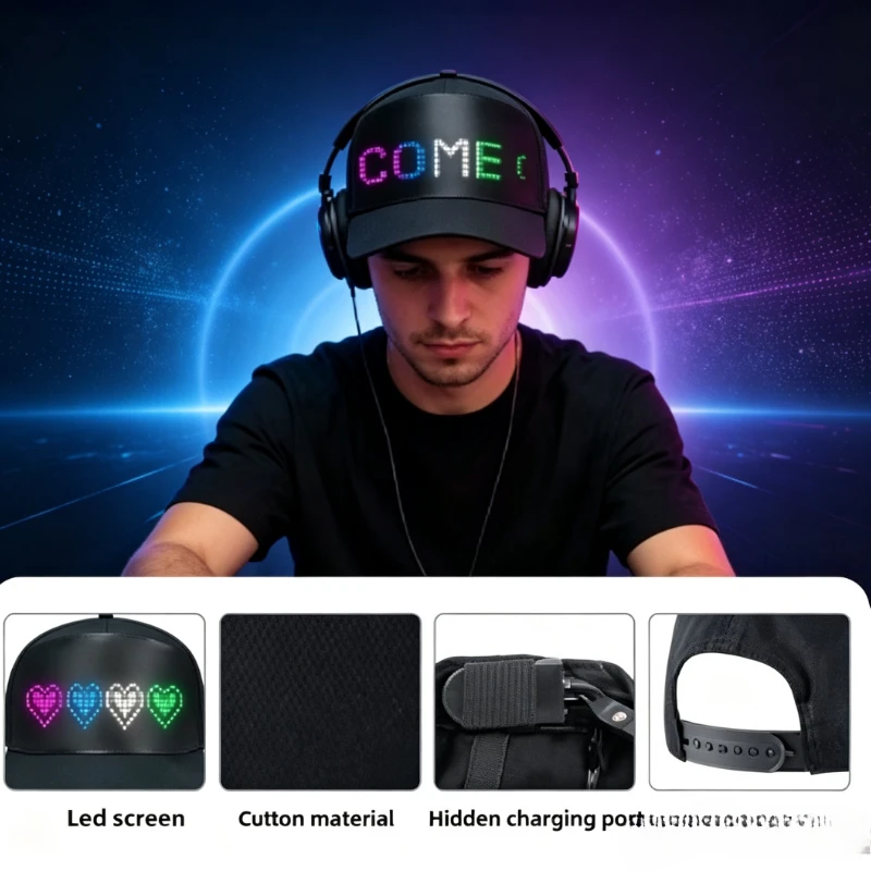 Led Baseball Cap Usb App Control Bluetooth Rechargeable Scrolling Atmosphere Message Board Hop Display Hat Glowing Hat Hip