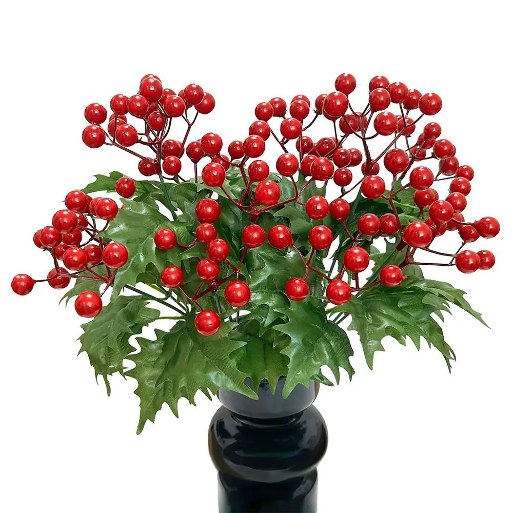 7Branches Artificial Christmas Berry Green Holly Leaves Red Berries Christmas Decorations Photo Props Desktop Oranment
