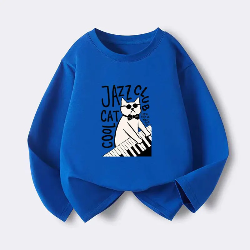 New Autumn Baby Boys T-shirt Music Cat Graphic Print Cotton Long Sleeves Tops Tee Cartoon Kids T Shirt Teenage 6 8 10 12 Years