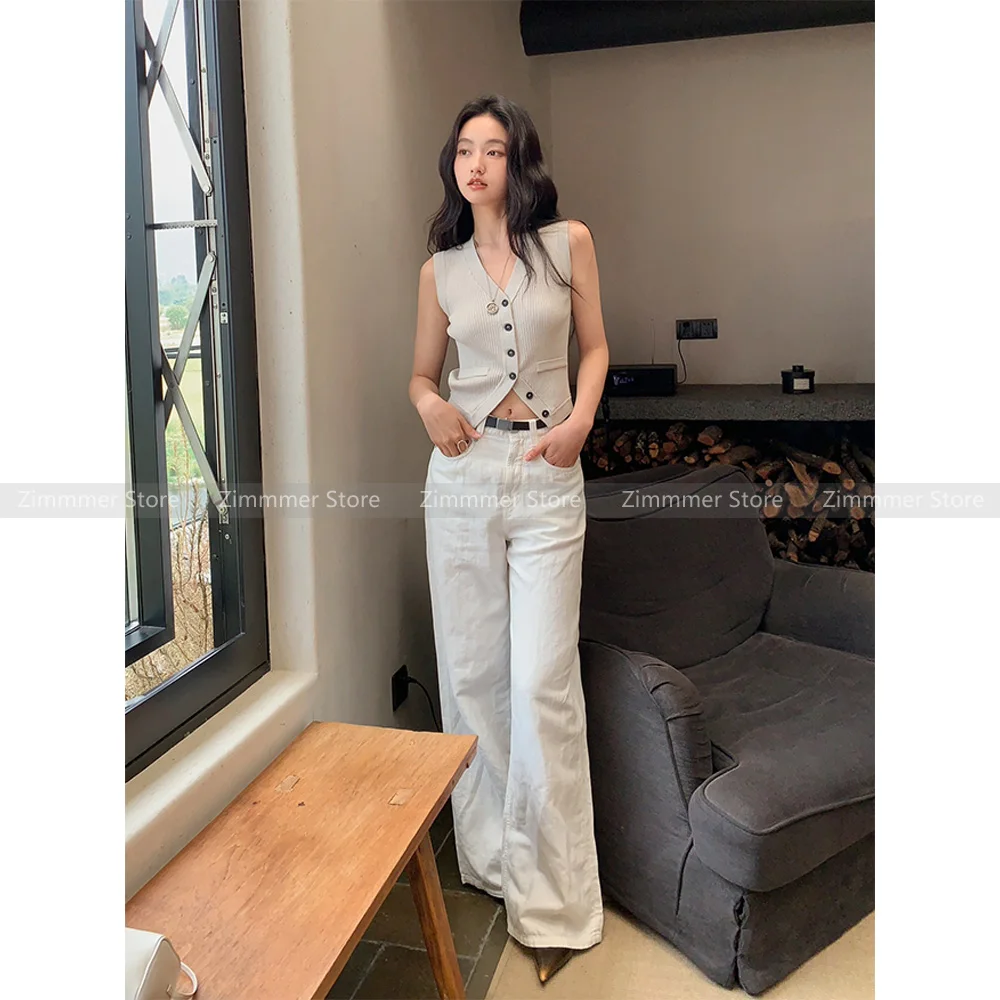 Linen cotton soft white denim lazy old money high waist thin straight wide leg pants female