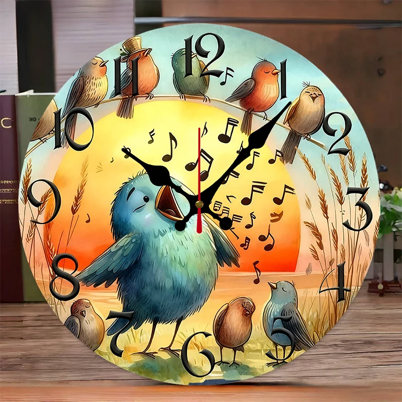 Singing Birds Pattern Wooden Round Silent Hanging Wall Clock,Suitable For Living Room,Office,Study Room,Bedroom,Home Decoration