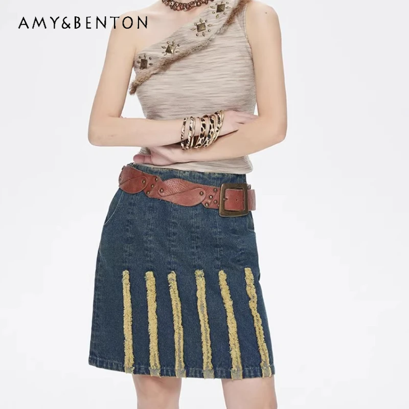 

American Retro Blue Vertical Striped Burr Hem Women's Denim Skirt 2025 Autumn Sweet Cool Creative Versatile A-line Skirts Ladies