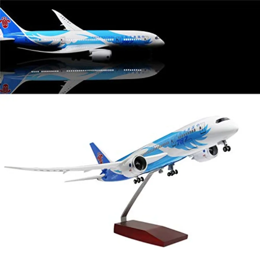 18 1:130 Airplane Model for Home Office Decoration, Die-Cast Aluminum Body, White-Blue Color, LED Light with Touch/Sound Contro