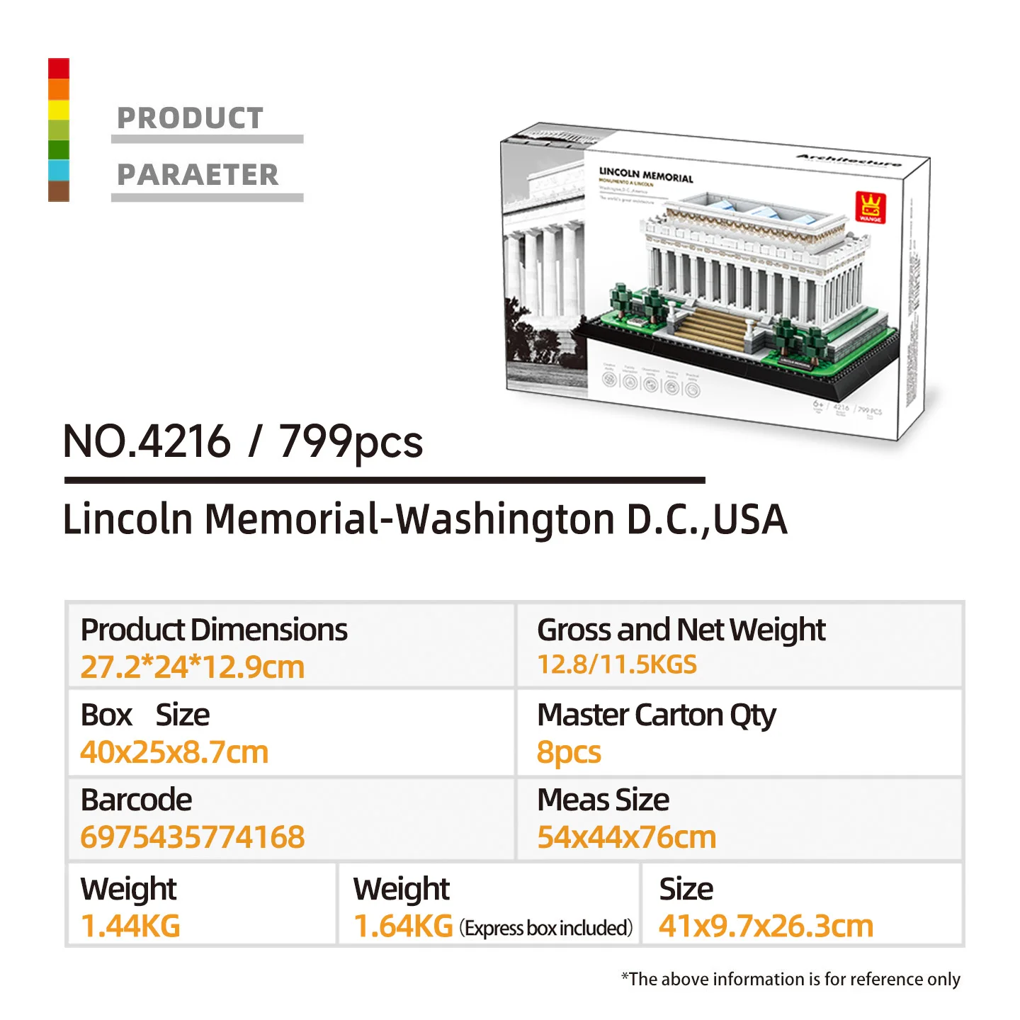 Wange Bricks 4216 US Washington DC Lincoln Memorial 799pcs Landmark Building Building Block Assembly Toy Gift Desktop Ornament