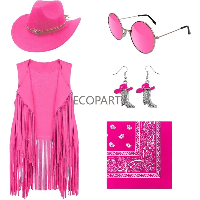 Ecoparty roupas de cowgirl para mulheres, acessórios de fantasia ocidental, chapéu de cowboy, borlas, franja, colete, brinco, óculos hippie, bandana