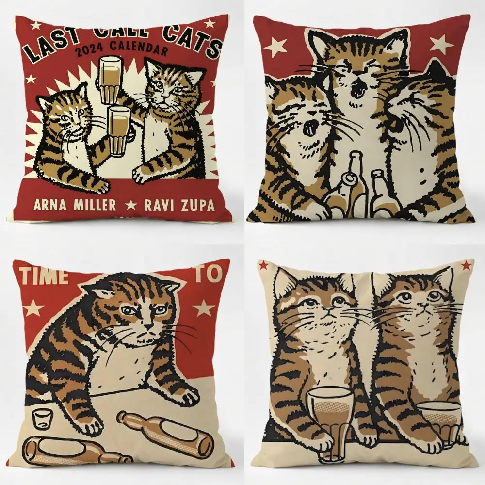 Cheers Drunk Cats Cushion Cover Daily Washable Linen Pillowcase Soft  for Sofa Bed Home Room Decor