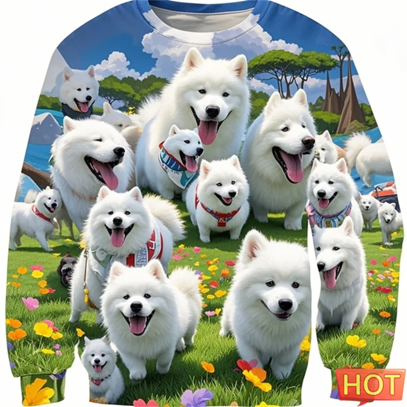 

Cute Samoan Dog Graphic Sweatshirts For Men Pullover Sportwear Cartoon Outdoor Samoan 3D Printed Sweatshirts Women Children