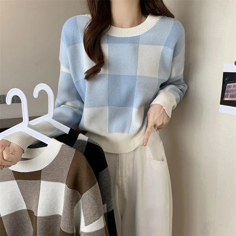 Pullover Kurze Ernte Runde O Neck Plaid frauen Pullover Moderne Lange Ärmel Stricken Tops für Frau Koreanische Mode Harajuku Streetwear