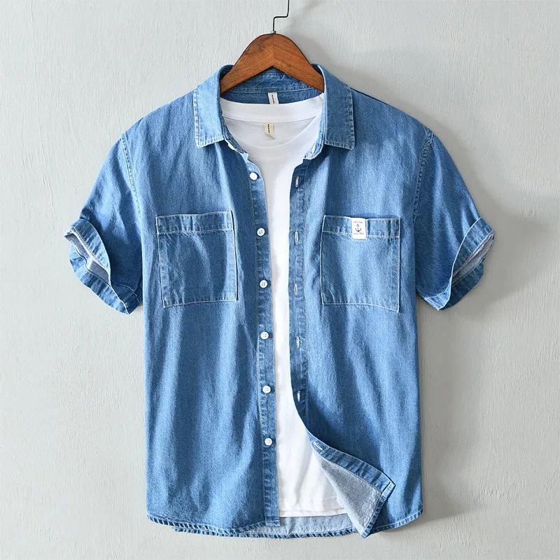 

M-3XL High Quality Summer Cotton Mens Shirts Denim Shirt Casual Solid Color Short Sleeve Shirts Vintage Clothes Male Clothing