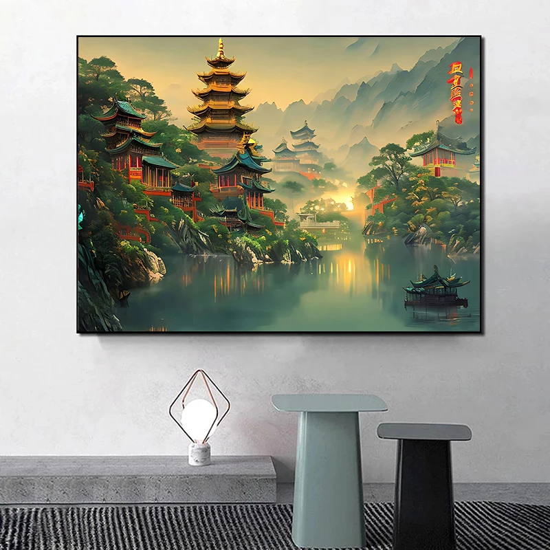 Asian Art Chinese Landscape Poster Canvas Painting Poster and Print Wall Art Picture for Living Room Home Decor Cuadros