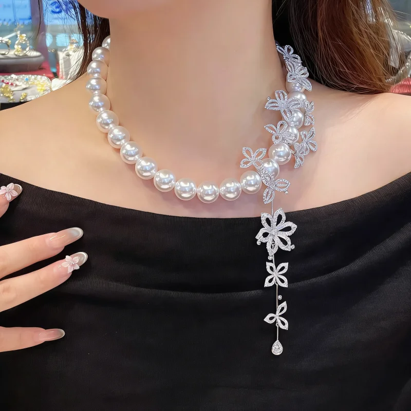 Bellux Banquet Party Necklace Charm Luxury Synthetic White Pearl 14mm Shell Beads 925 Silver Gold Plated Jewelry