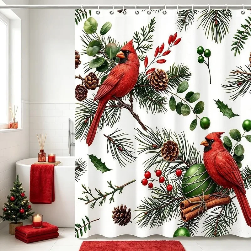 Christmas Cardinal Pine Cones Holly Berry Winter Bathroom Shower Curtain No Drilling Hooks 12 Hooks Holiday Decor