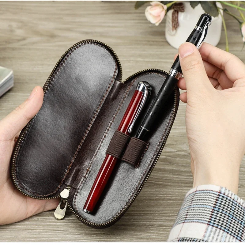 Elegant Genuine Leather 2 Slots Portage Pencil Bag for Fountain Pen Pen Case Pouch Holder School Office Supplies Stationery