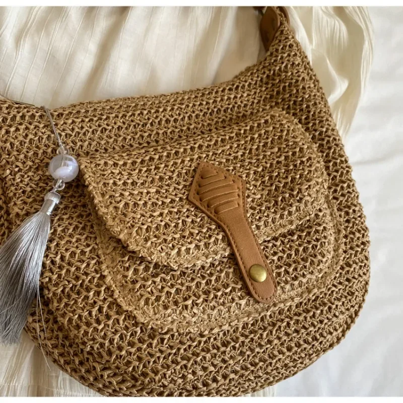 Straw Bag Women\'s Summer Seaside Vacation Beach Bag Versatile Trend Messenger Large Capacity Woven Tote Bag