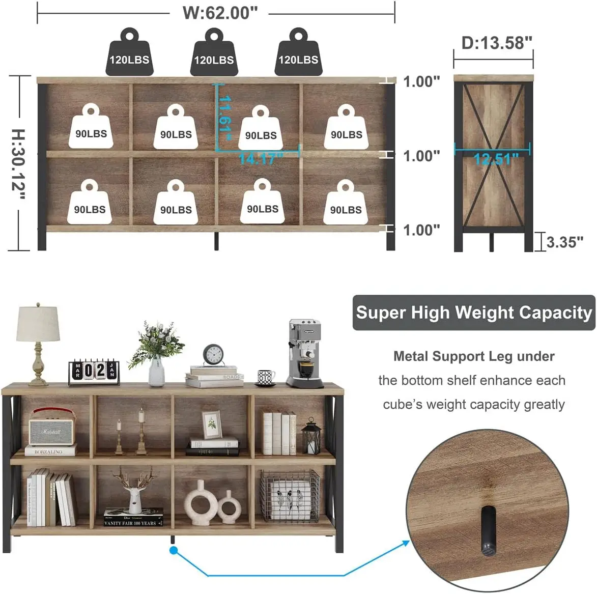 

Rustic Wood Cubby Bookcase, Industrial Horizontal Long Shelf for Living Room (Rustic Oak, 62 Inch)