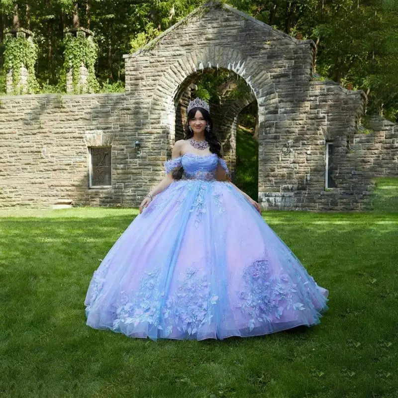 

Sparkly Sky Blue Princess Mexico Ball Gown Quinceanera Dresses 3D Applique Beading Sweet 16 Dress Vestidos De 15 Años Lace-U