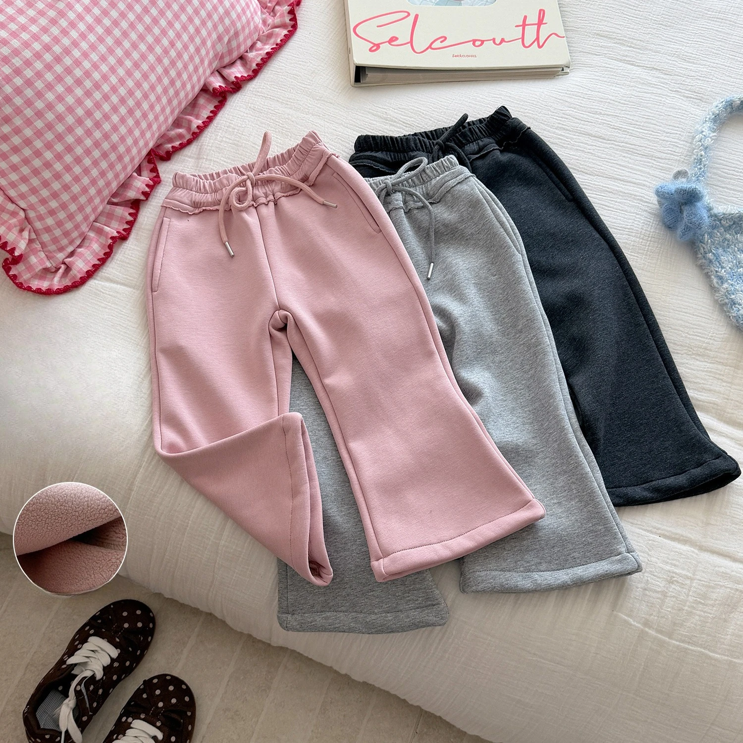 Girls' Plush 2026 Autumn and Winter with Thick Plush and Elastic Waist Casual Micro Pull Pants