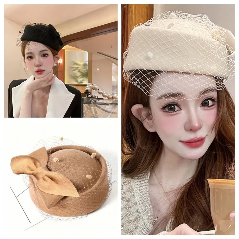 Neuer Kaschmir-Woll-Hut mit Schleife und Schleier im britischen Stil, lässiger Fascinator-Hut, eleganter Damen-Formalhut, Hüte & Mützen