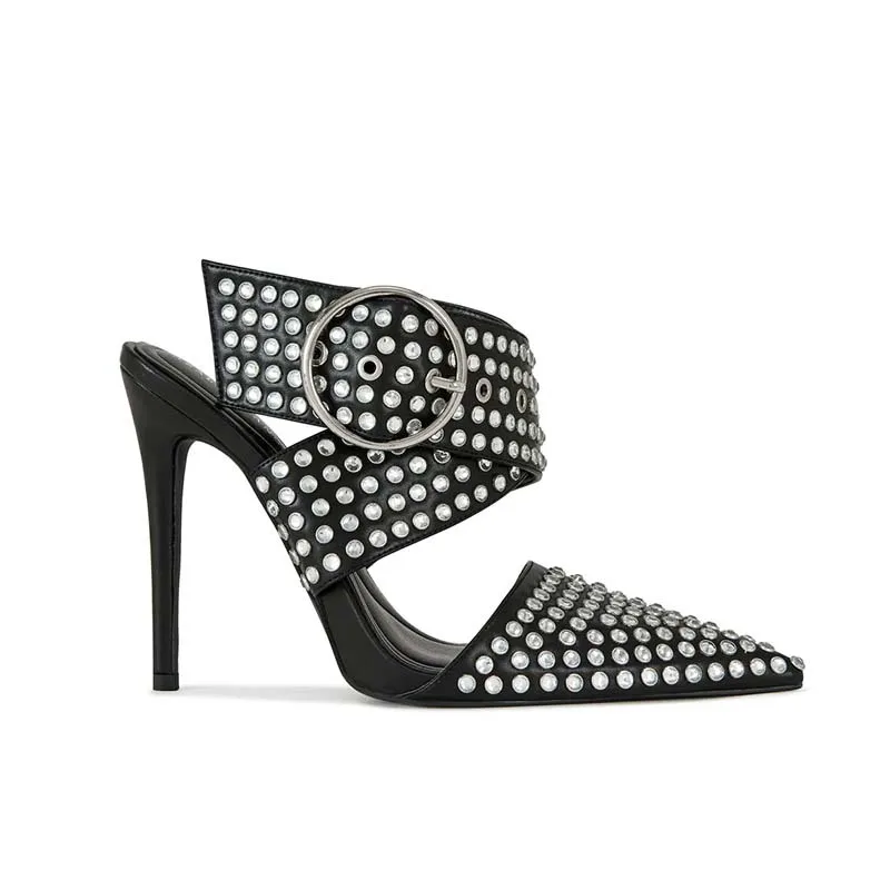 

Новинка 2025 года, модные женские сандалии с бриллиантами, европейские и американские опрятные универсальные женские сандалии на высоком каблуке-шпильке с прямой пряжкой и ремешком