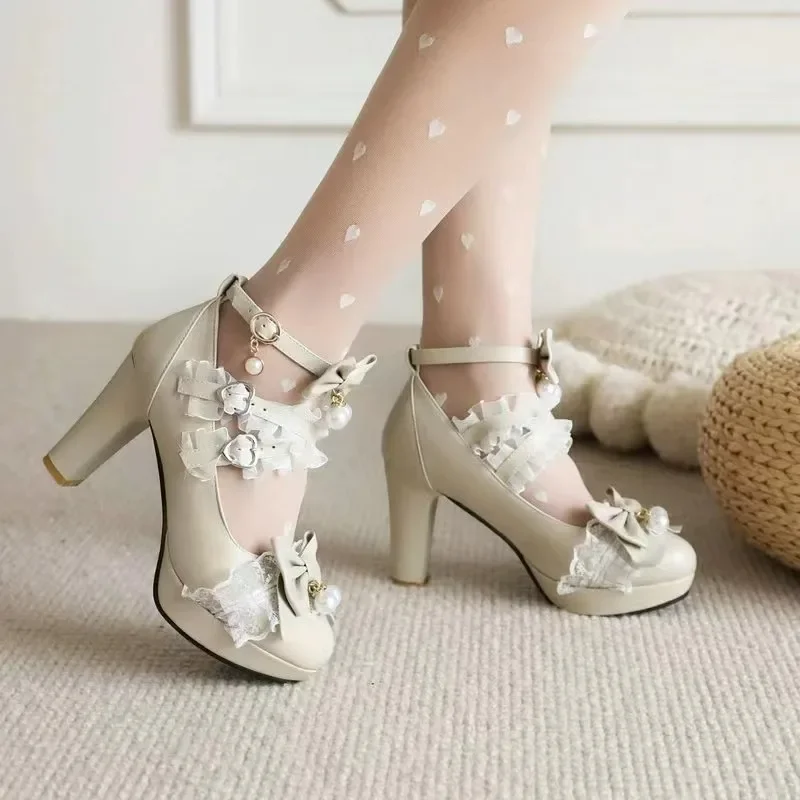 Escarpins à Essence à Talons Hauts pour Femme, Chaussures Lolita à Lanières Croisées, de Couleur Blanche, Rose et Noire, avec Nministériels d Harvey, pour ixde Mariage