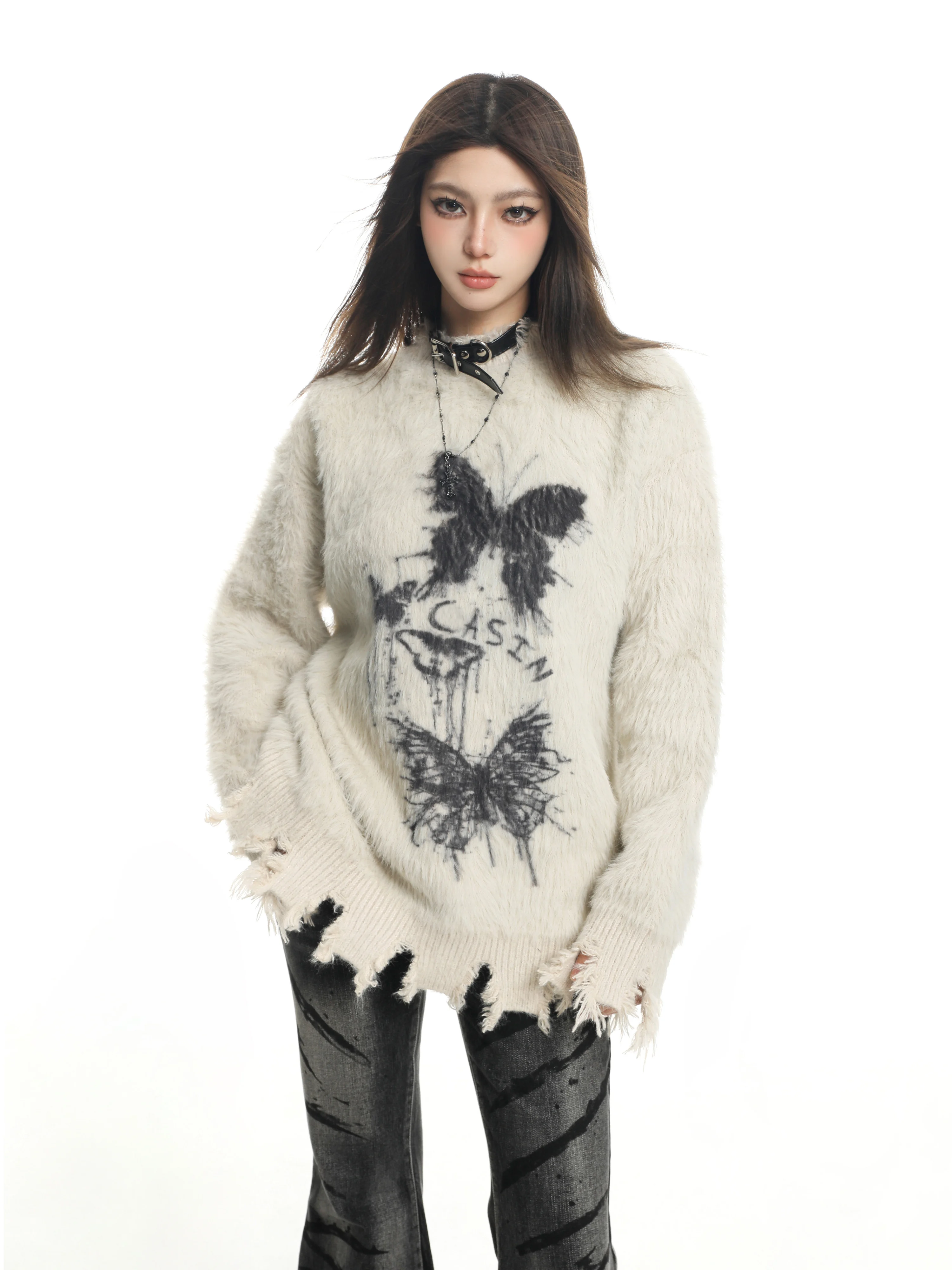 Sweater crew neck women's thickened warm butterfly embroidered fashion knitted autumn and winter soft fringed retro versatile