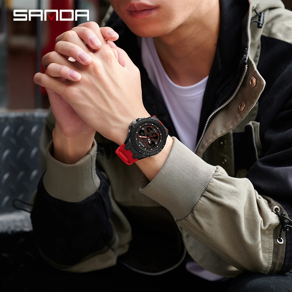 SANDA جديد 3198 ساعة إلكترونية للرجال النسخة الكورية شاشة مزدوجة رياضية متعددة الوظائف مقاوم للماء ساعة إلكترونية للرجال 2025