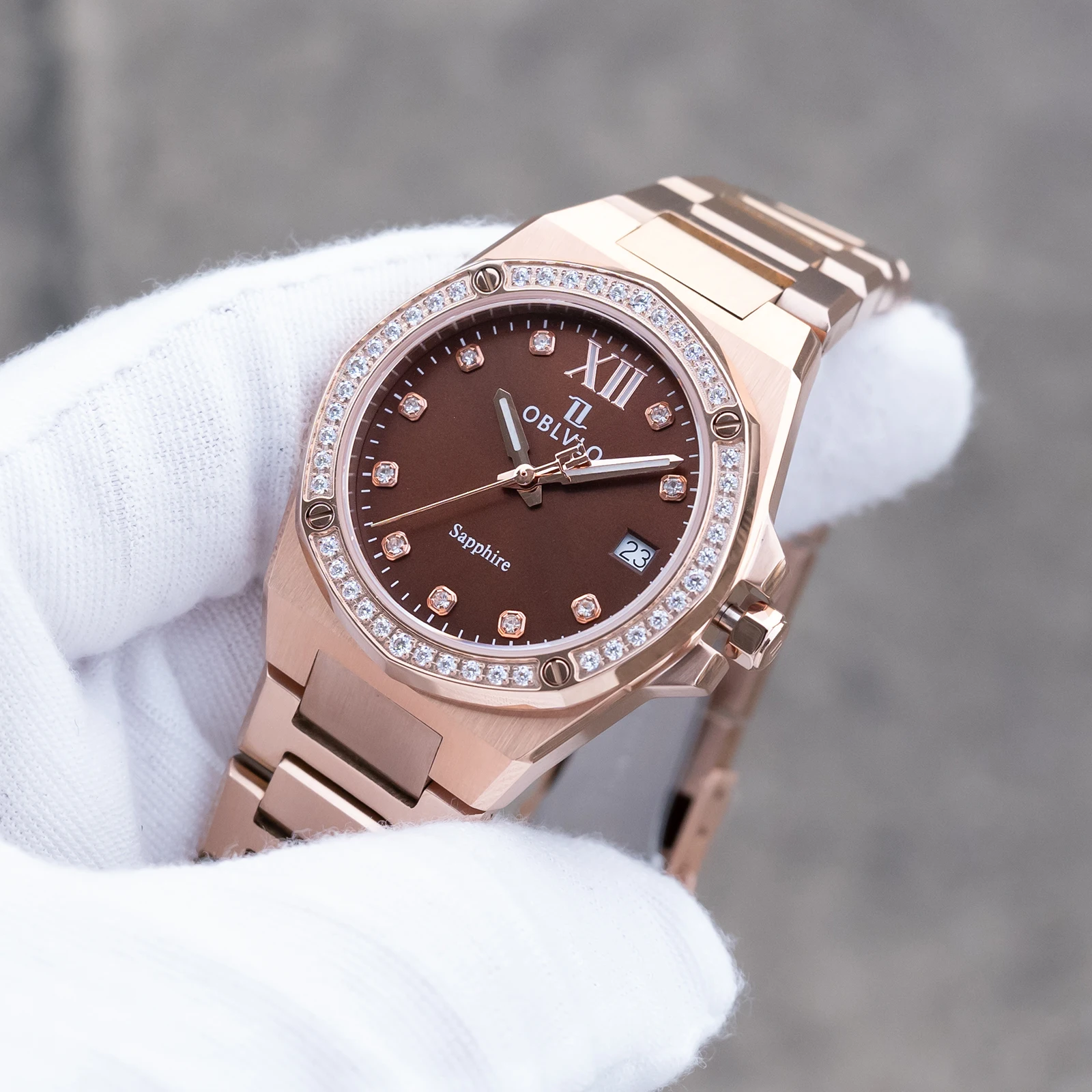 OBLVLO Elegant Women's Quartz Watch Rose Gold Brown Dial Diamonds Octagon Bezel Bracelet Band Ladies Wristwatch Gift Clock 33mm