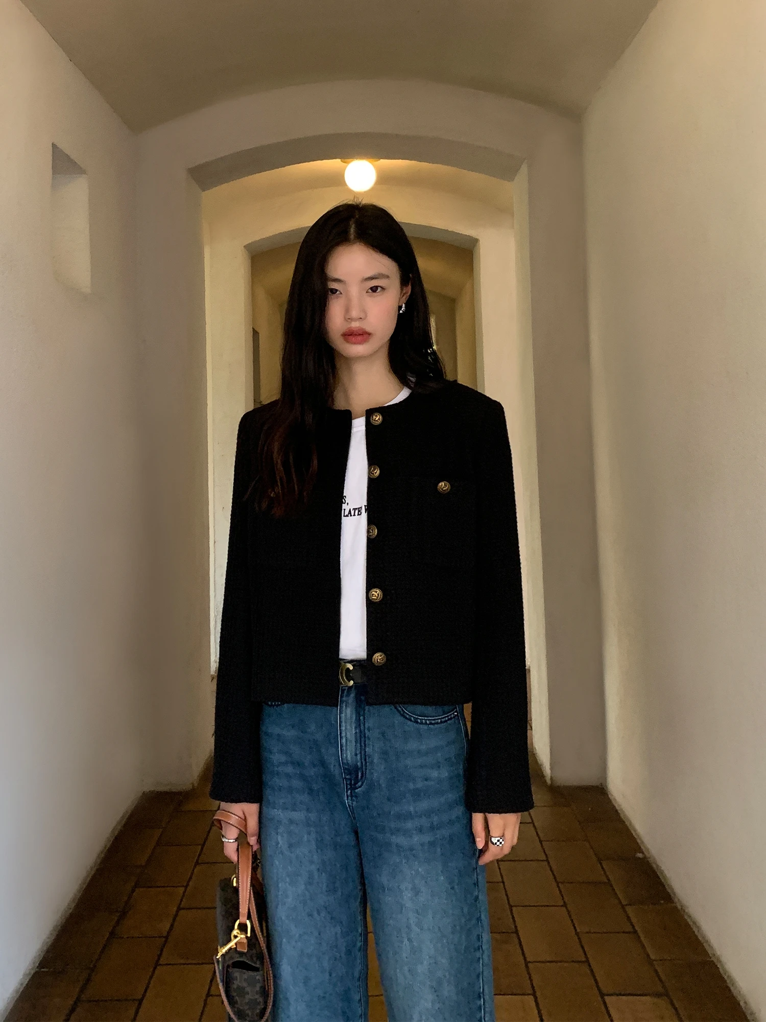 Pusumede Black Short Woolen Jacket Women's Elegant Casual Style Commute Fashion Polyester Blend Warm round Neck Coat