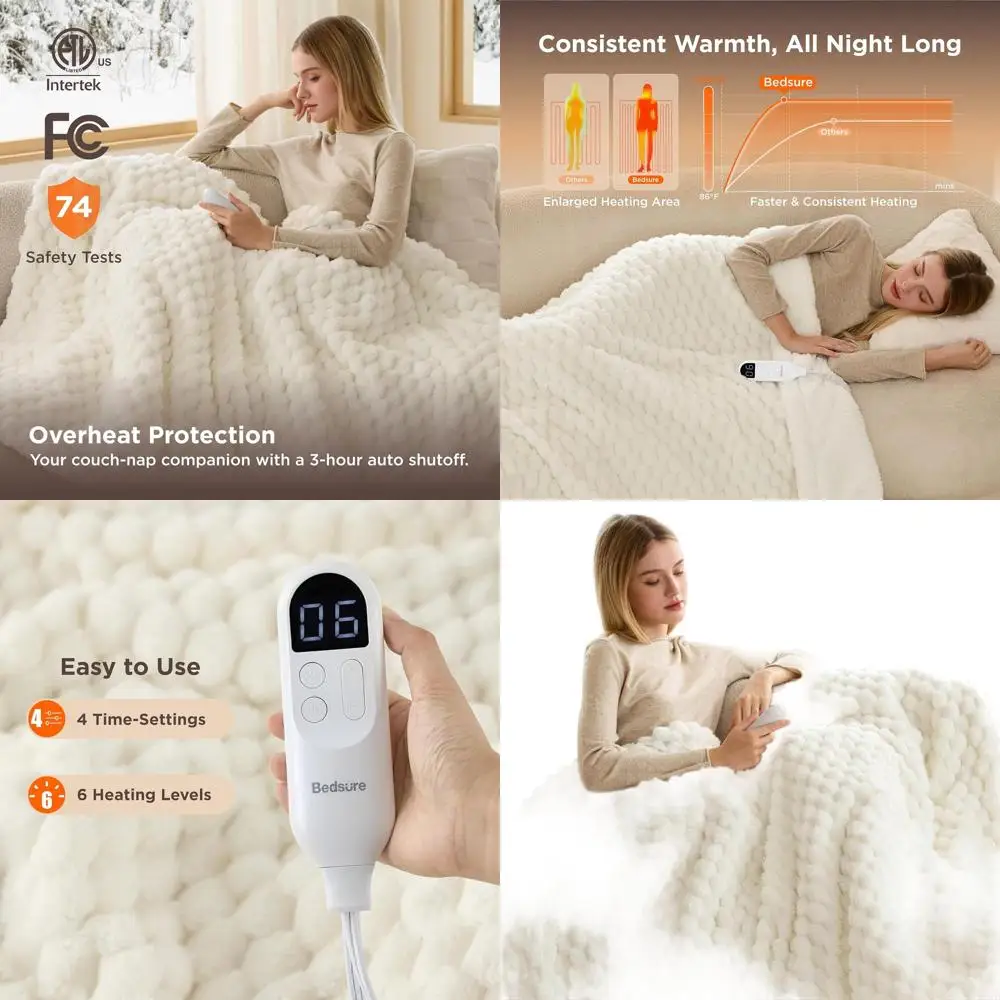 

Фланелевое электрическое одеяло из шерпа с 6 уровнями нагрева, 4 таймерами, 3 часами автоматического выключения, 50x60 кокосового белого цвета