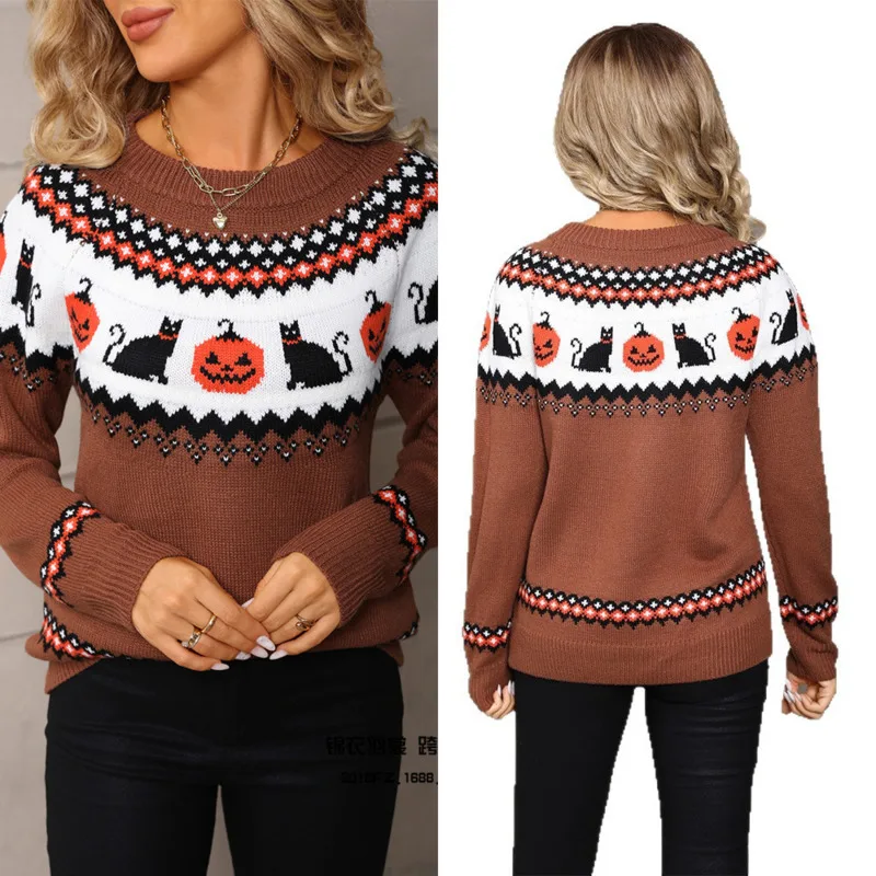 

Вязаный свитер в стиле панк на Хэллоуин, женский веселый дизайн с тыквой, свободный крой, вязаный топ больших размеров, повседневный рождественский праздник, осенне-зимний топ, новый